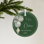 Green gold white baubles Christmas Glass Tree Decoration<br><div class="desc">A green coloured background. Decorated with white and gold baubles and some greenery and a pine cone.  Personalise and add your name,  year.  Text: Merry Christmas</div>