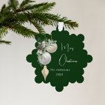 Green gold white baubles Christmas Tree Decoration Card<br><div class="desc">A classic green background. Decorated with white and gold baubles and some greenery and a pine cone.  Personalise and add your name,  year.  Text: Merry Christmas</div>