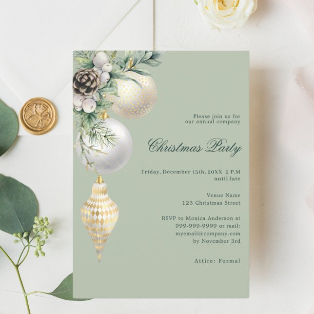 Green gold white baubles company Christmas Party Invitation (Creator Uploaded)