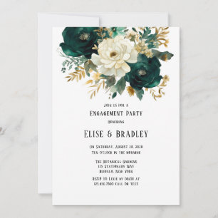 Green Gold White Botanical Floral Engagement Party Invitation