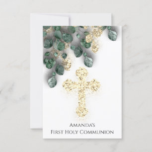 Green Gold White First Holy Communion Cross Invitation