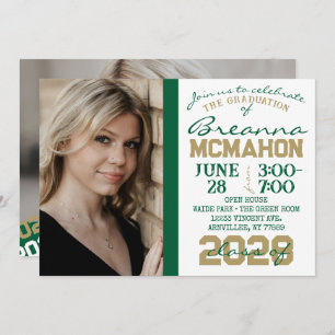 Green, Gold & White Graduation 2 Photo Invitation