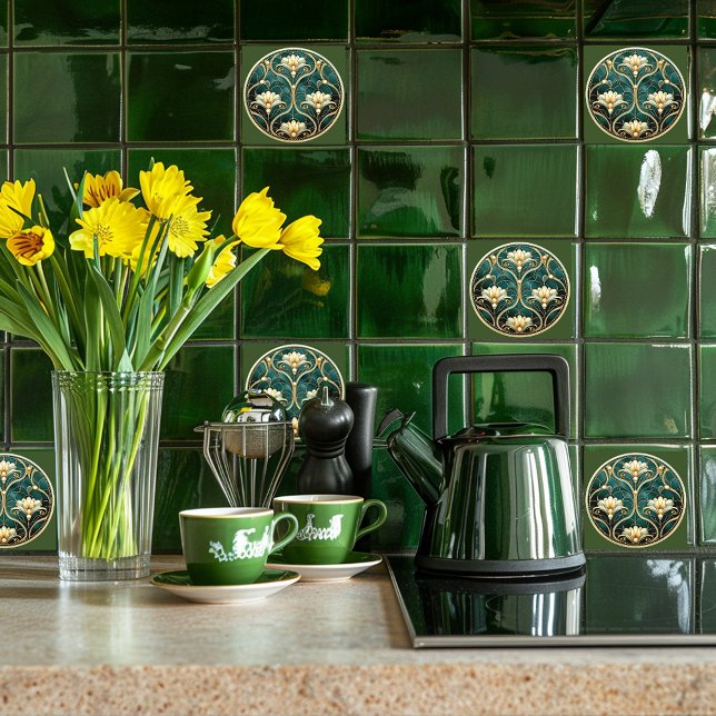 Green Gold White Grey Art Deco Ceramic Tile (Creator Uploaded)