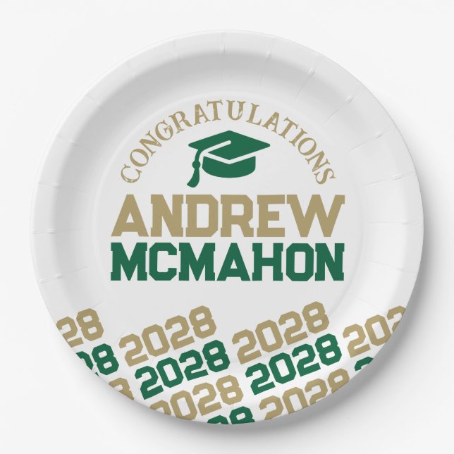 Green Gold White Half Repeat Grad Personalised Paper Plate (Front)