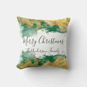 Green Gold White Monogram Merry Christmas Cushion