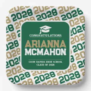 Green, Gold & White Personalised Graduation Pape Paper Plate