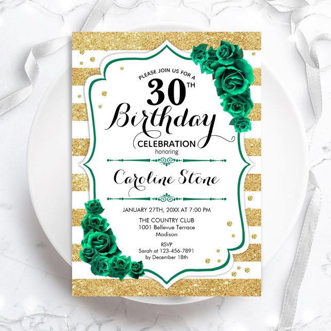 Green Gold & White Stripes Floral 30th Birthday Invitation (Creator Uploaded)