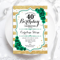Green Gold White Stripes Floral 40th Birthday