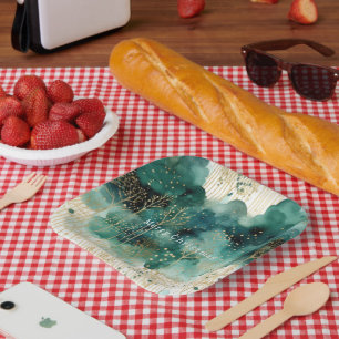 Green  Gold White Trees Christmas Paper Plate