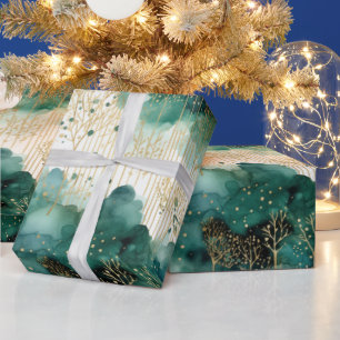 Green Gold White Trees Christmas Wrapping Paper