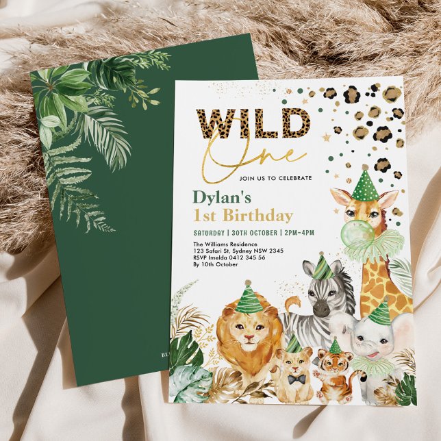 Green Gold Wild One Safari Party Animals Birthday Invitation (Creator Uploaded)
