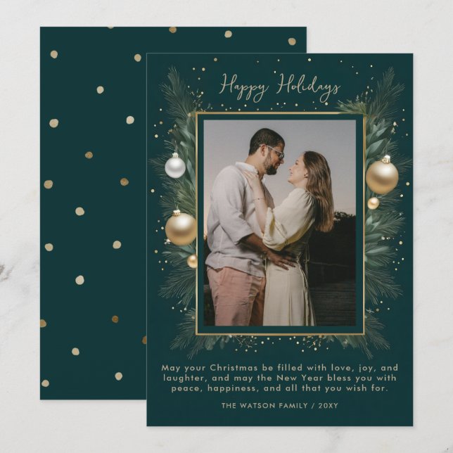 Green Gold Winter Botanical Christmas Photo  Holiday Card (Front/Back)