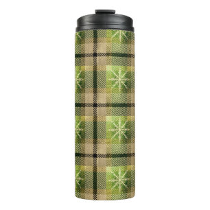 GREEN & GOLD WINTER SNOWFLAKE PLAID PATTERNS THERMAL TUMBLER