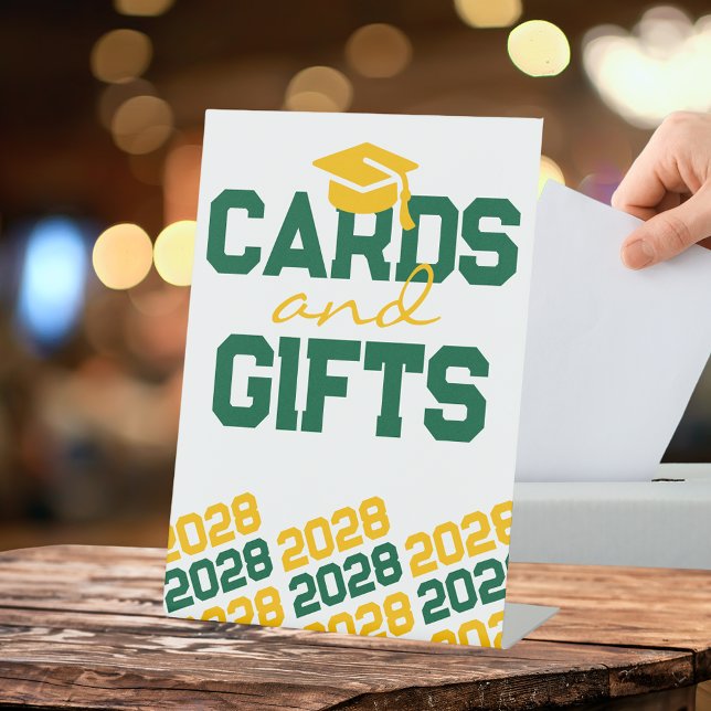 Green & Gold Yellow Cards & Gifts Graduation Table Pedestal Sign (Green and Yellow Gold Graduation Class Year Cards and Gifts Party Pedestal Sign)