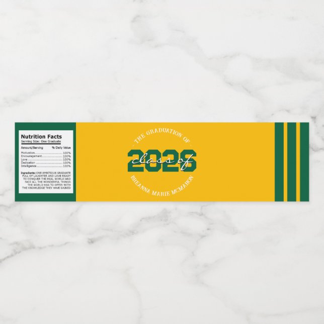 Green & Gold Yellow Graduation Water Bottle Labels (Single Label)