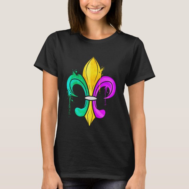 Green Golden And Purple Fleur De Lis For Mardi Gra T-Shirt (Front)