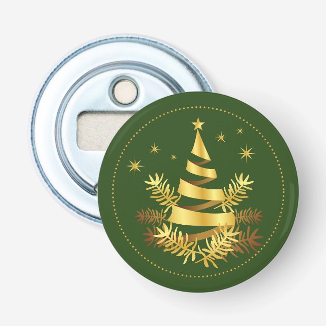 Green Golden Leaves Stars Christmas Tree Bottle Opener (Front)