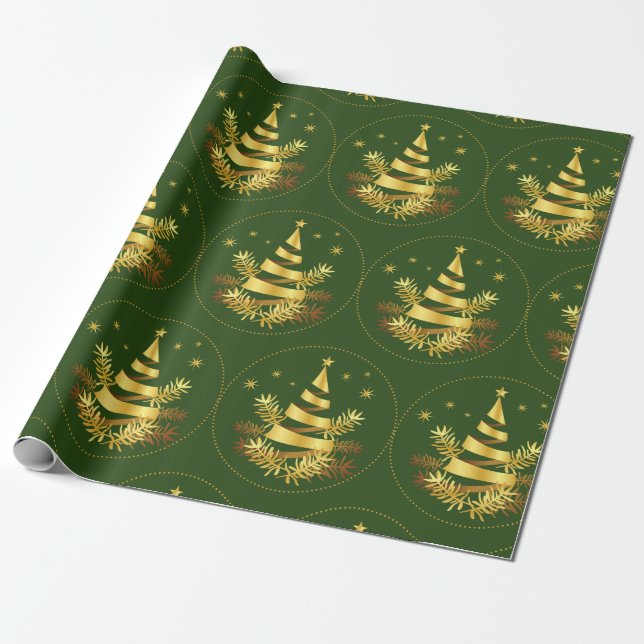 Green Golden Leaves Stars Christmas Tree Wrapping Paper (Unrolled)