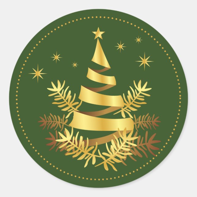 Green Golden Stars Leaves Christmas Tree Classic Round Sticker (Front)