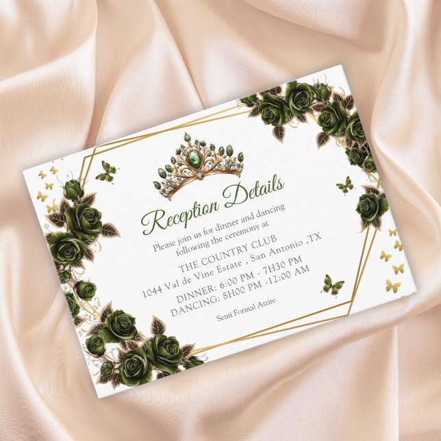 Green Golden Tiara Roses Butterflies Quinceañera Enclosure Card (Creator Uploaded)