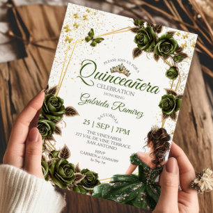 Green Golden Tiara Roses Butterfly Quinceañera Invitation