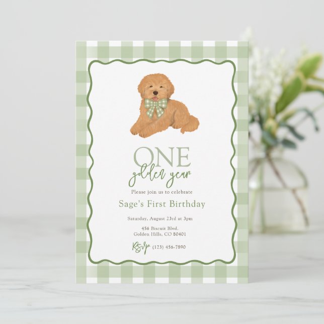 Green Goldendoodle Golden Year First Birthday Invitation (Standing Front)