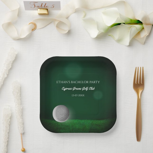 Green golf ball golfers bachelor party golf party paper plate (Wedding)