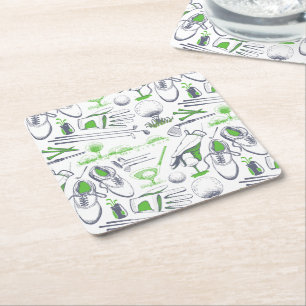 Green Golf Icons Pattern Square Paper Coaster