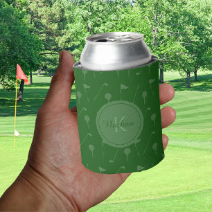 Green Golf Pattern Elegant Monogram Masculine Name Can Cooler