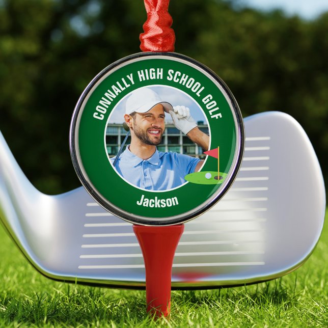 Green Golfer Photo High School Golf Team Christmas Metal Ornament (Creator Uploaded)