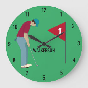 Green Golfer Putting Ball Large Clock