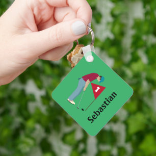Green Golfer Putting Ball Square Key Ring