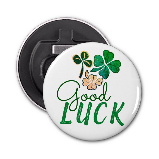 Green Good Luck Four Leaf Clover Shamrock Bottle Opener (Front)