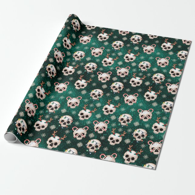 Green Goth Christmas Skull Wrapping Paper (Unrolled)