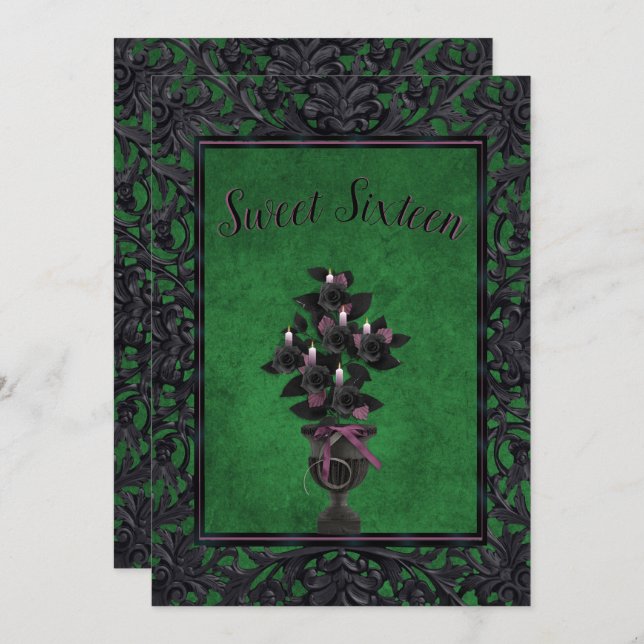 Green Gothic Frame Black Rose & Candles Sweet 16 Invitation (Front/Back)