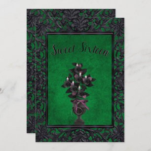 Green Gothic Frame Black Rose & Candles Sweet 16 Invitation