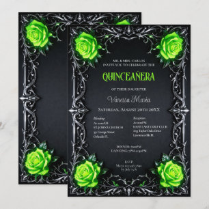 Green Gothic Halloween Floral Quinceanera Invitat Invitation