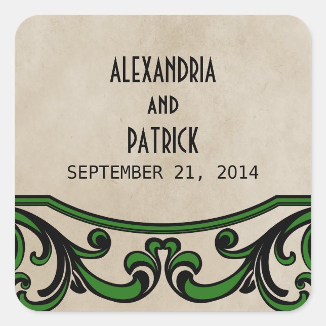 Green Gothic Swirls Wedding Stickers (Front)