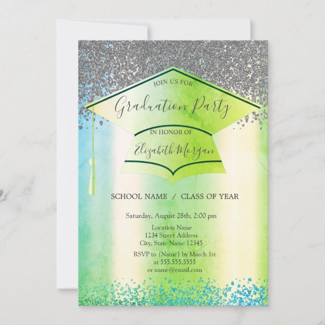 Green Grad Cap,Diamonds Green Graduation Invitation (Front)