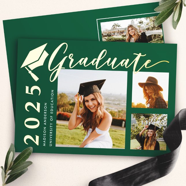 Green Grad Cap Photo Foil Graduation Announcement (Creator Uploaded)