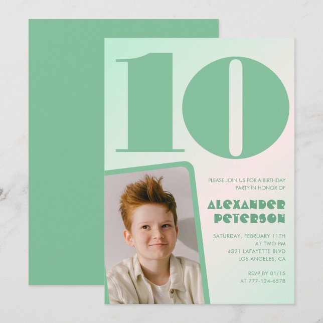 Green gradient 10th birthday invitations Boy Photo (Front/Back)