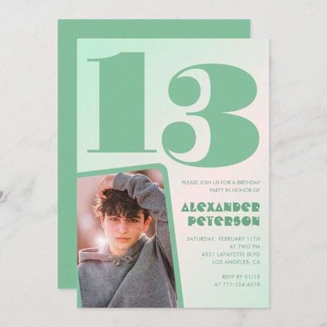 Green gradient 13th birthday invitations Boy Photo (Front/Back)