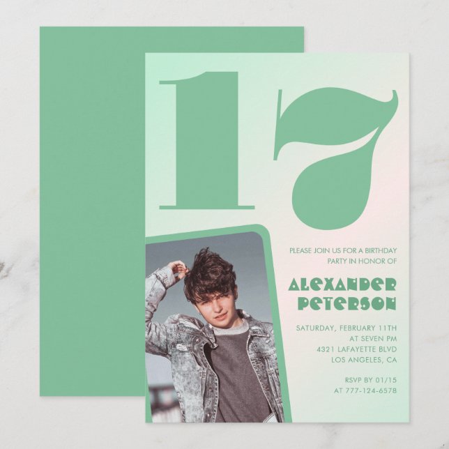 Green gradient 17th birthday invitations Boy Photo (Front/Back)