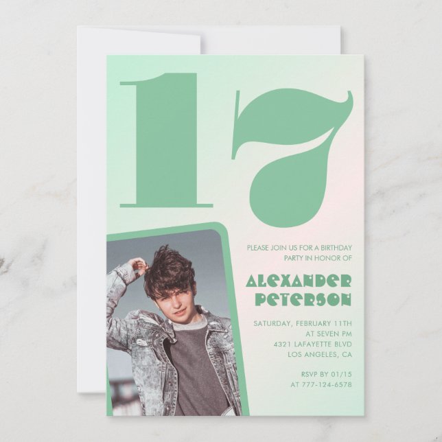 Green gradient 17th birthday invitations Boy Photo (Front)