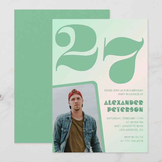 Green gradient 27th birthday invitations Boy Photo (Front/Back)