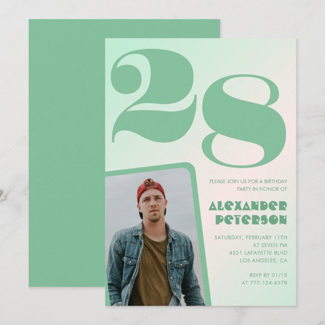 Green gradient 28th birthday invitations Boy Photo (Front/Back)