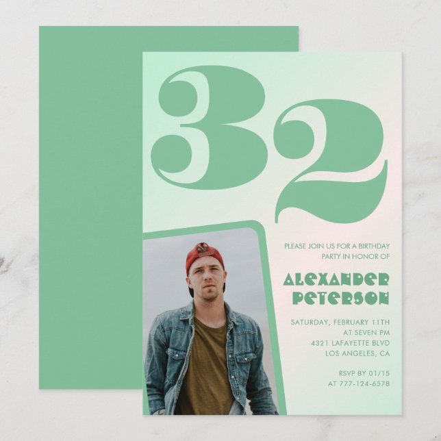 Green gradient 32nd birthday invitations Boy Photo (Front/Back)