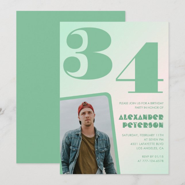 Green gradient 34th birthday invitations Boy Photo (Front/Back)