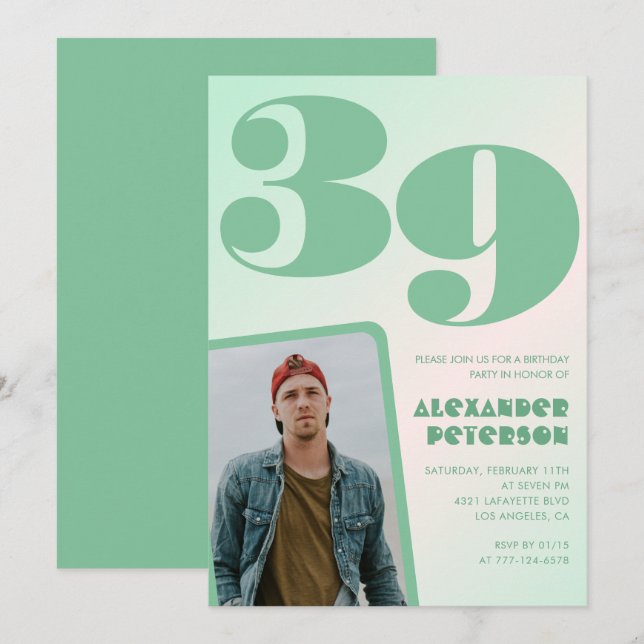 Green gradient 39th birthday invitations Boy Photo (Front/Back)