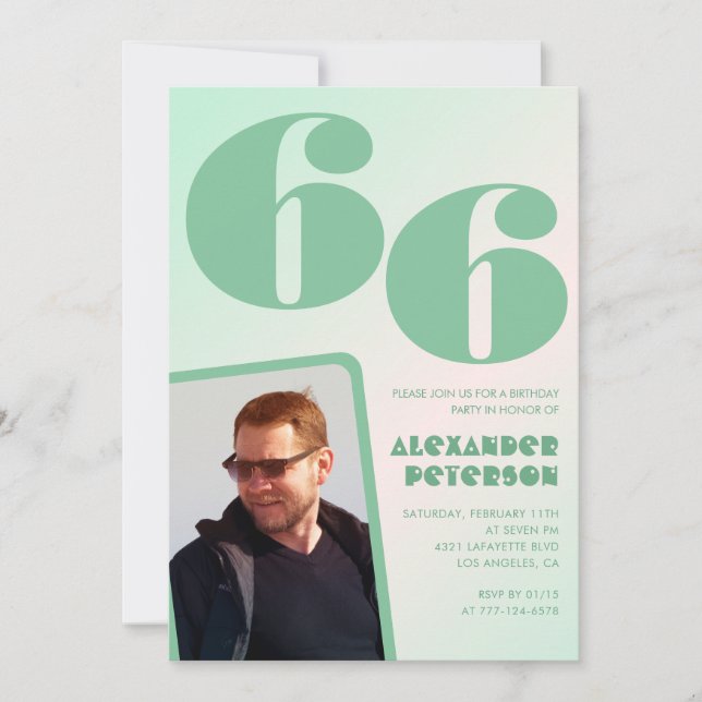 Green gradient 66th birthday invitations Boy Photo (Front)